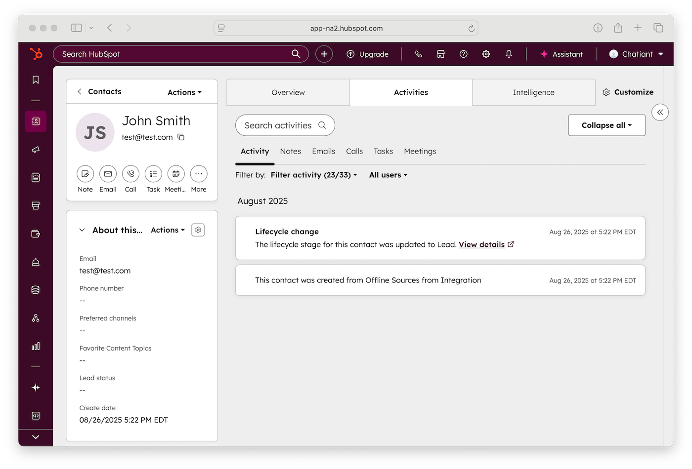 HubSpot lead created from AI chatbot conversation